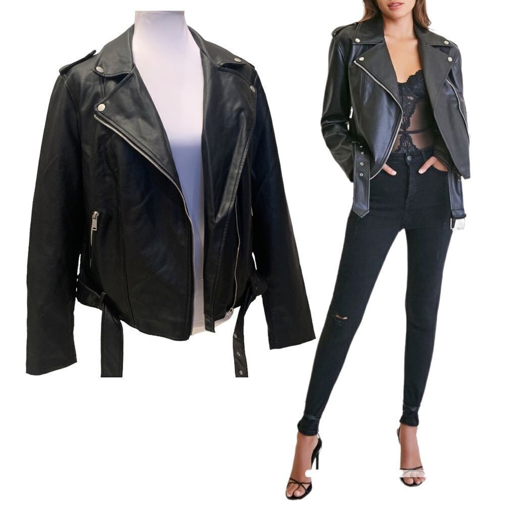 F21 Plus Black Faux Leather Moto Jacket Womens Plus Sz OX 14